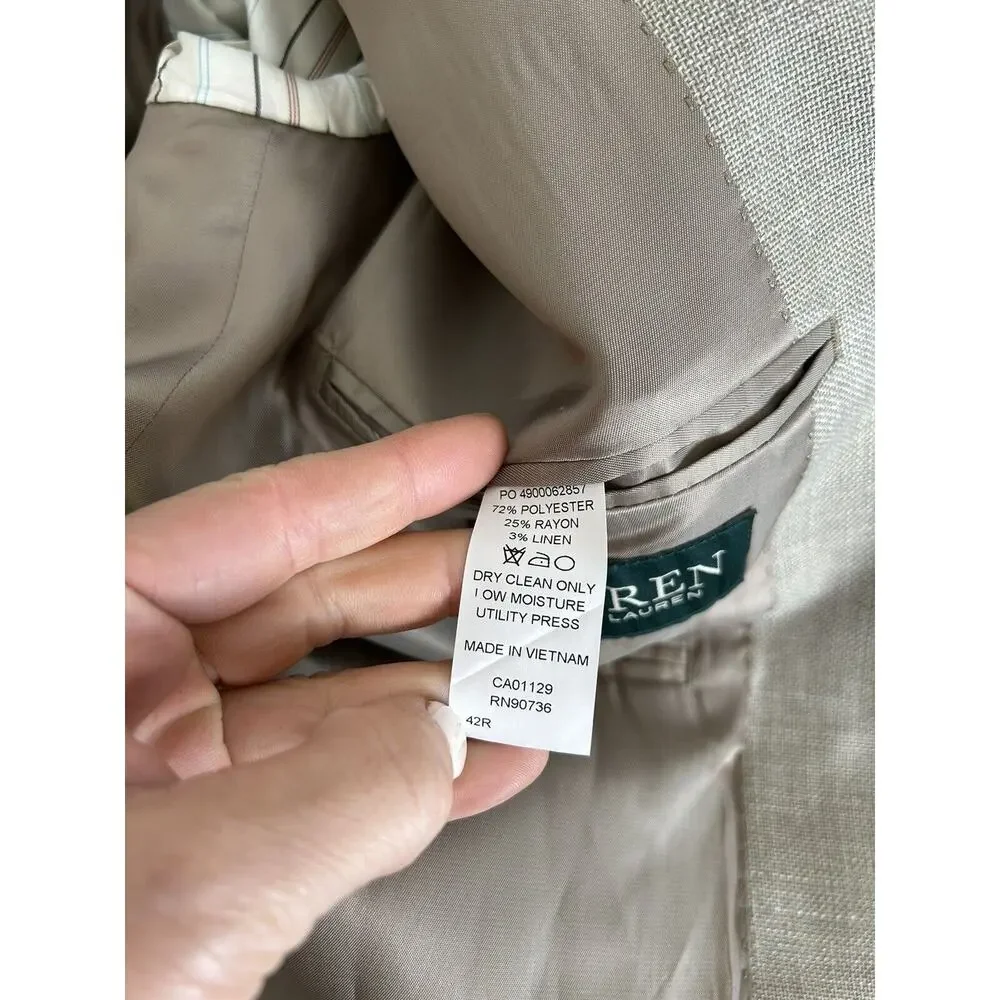 Lauren Ralph Lauren Men's Blazer Linen Rayon Polyester‎ Beige Tan Size 42R VGUC
